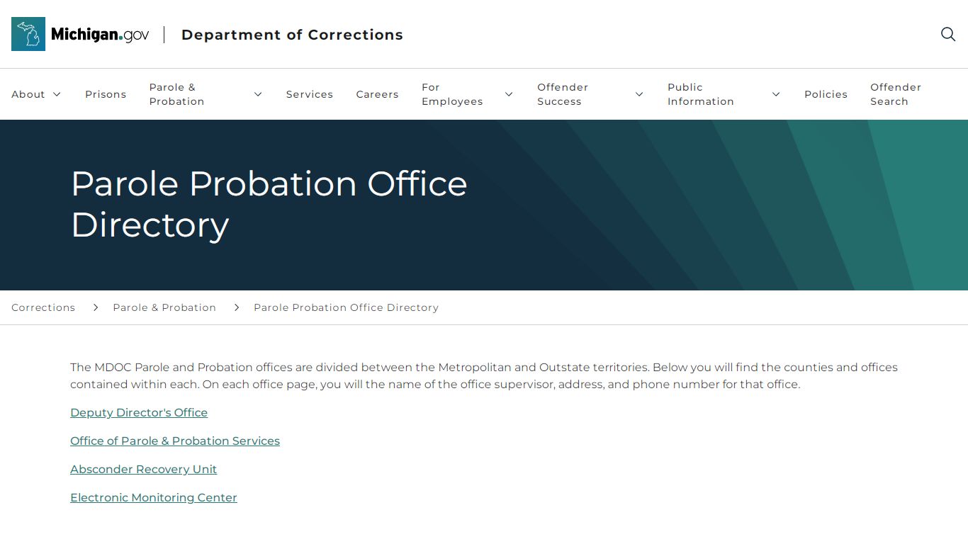 Parole Probation Office Directory - Michigan